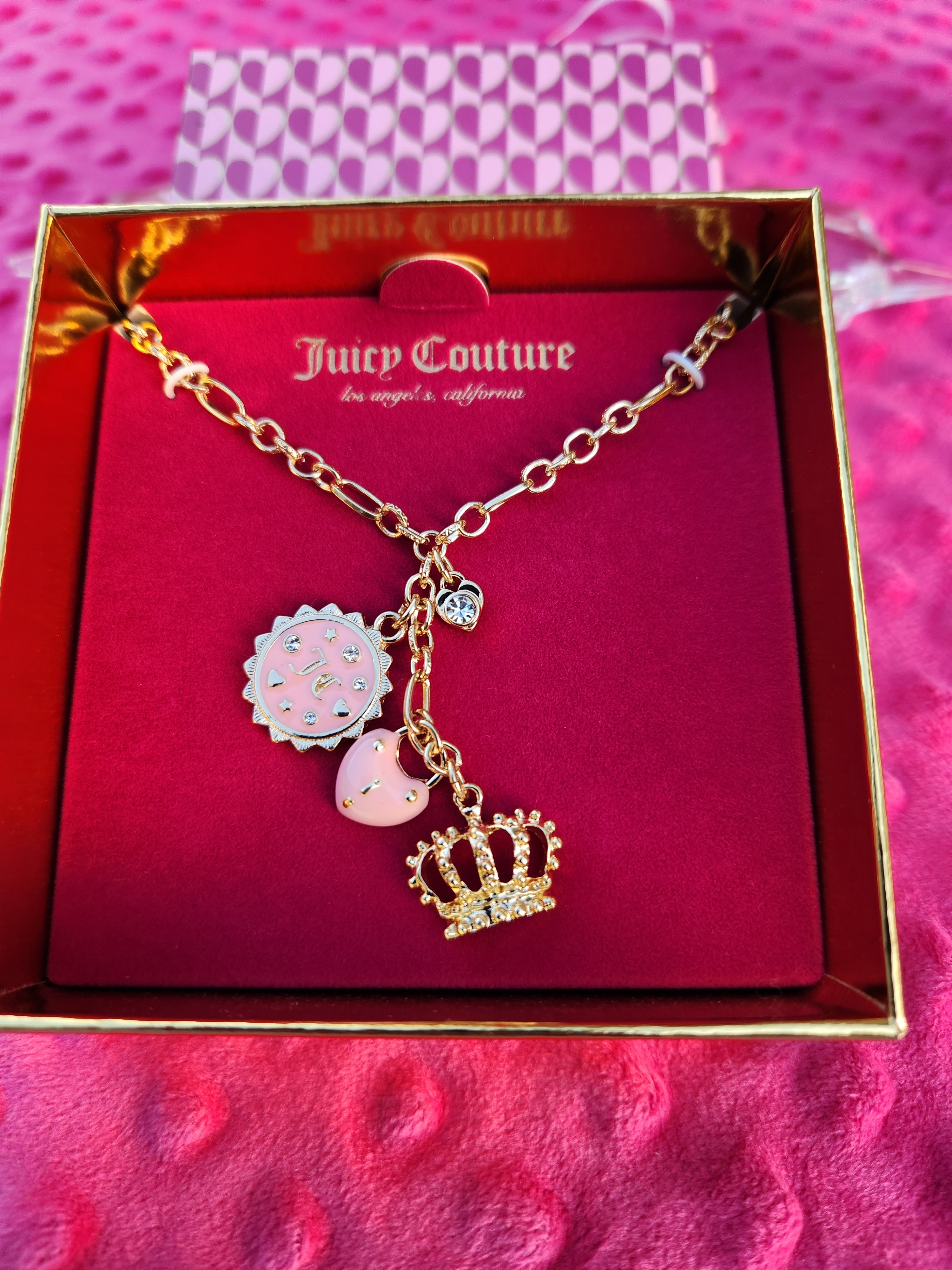 Juicy Couture Gold-Tone Charm Necklace With Pink Enamel Accents